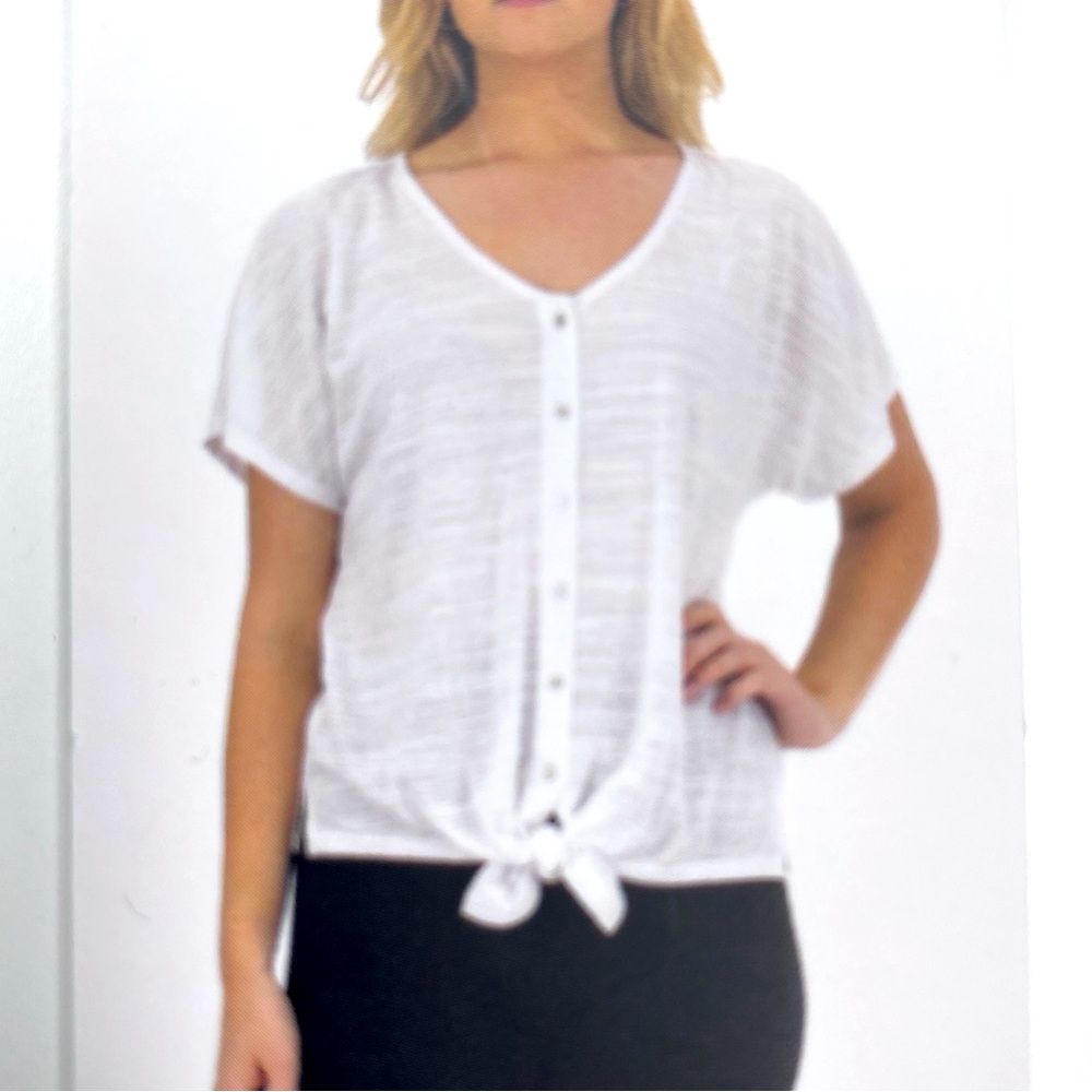 Zac & Rachel Blouse XL White V-Neck Button Down Tie Front Short Sleeve Top